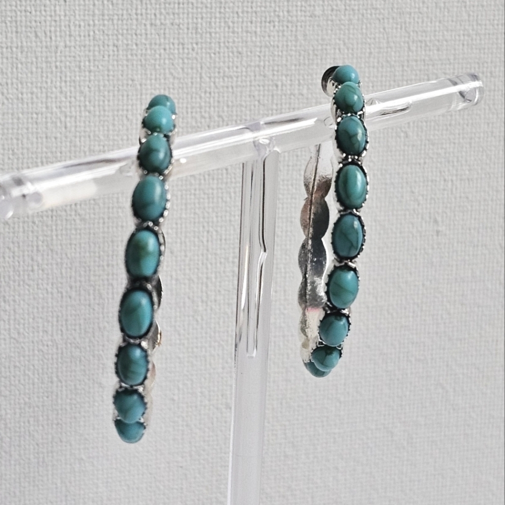 Faux turquoise western boho silver open hoop fashion earrings NWOT